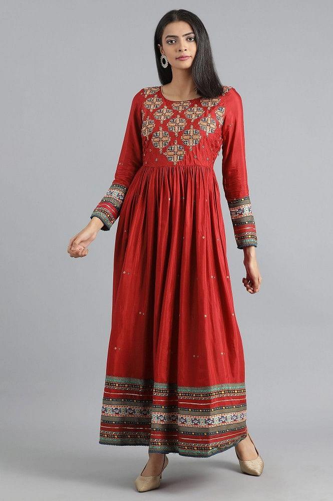 Red Round Neck Embroidered Dress - wforwoman