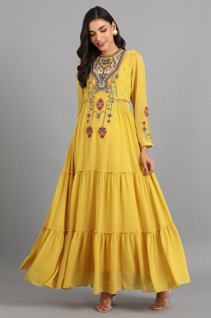 Yellow Round Neck Embroidered Dress