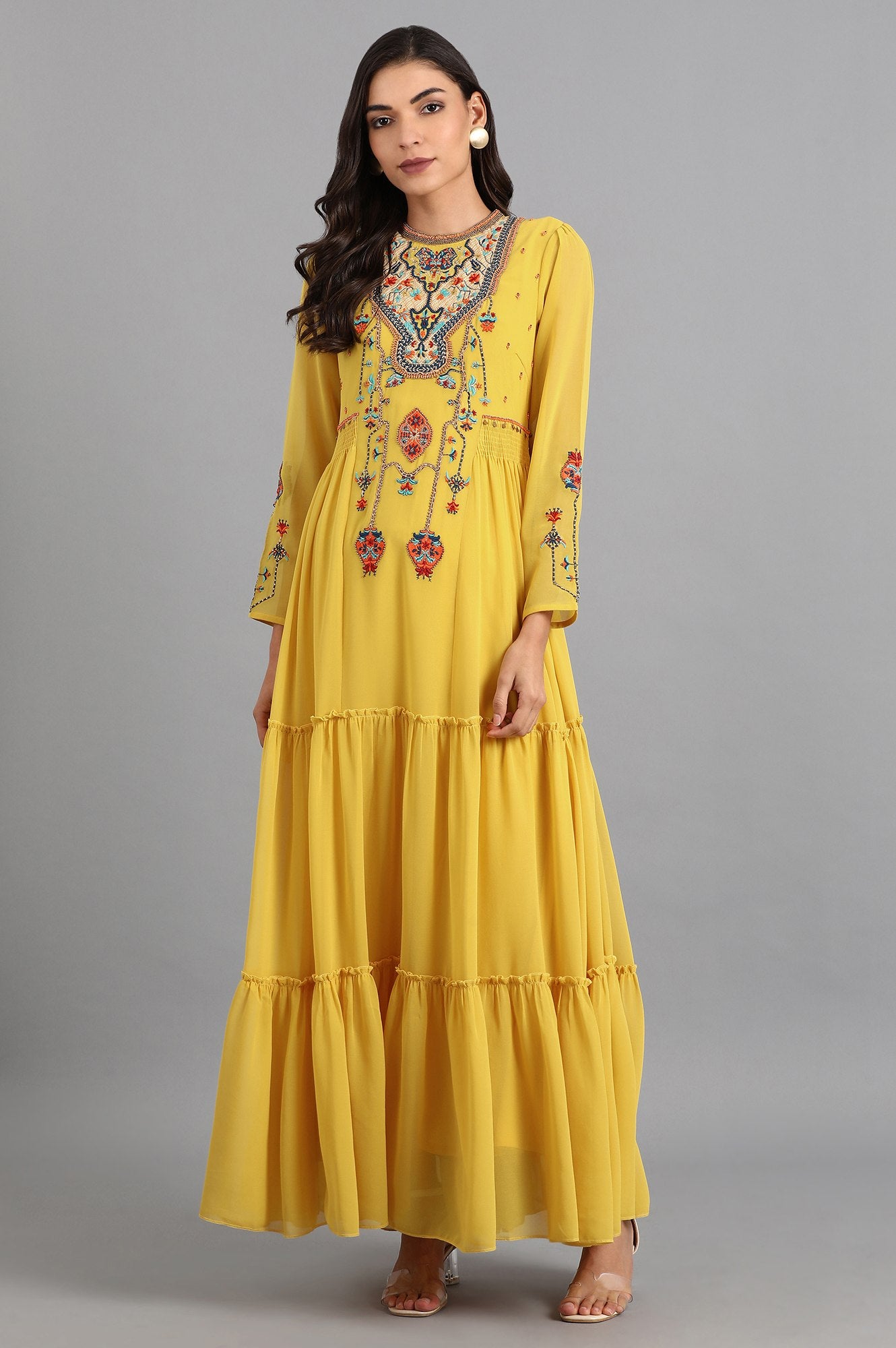 Yellow Round Neck Embroidered Dress