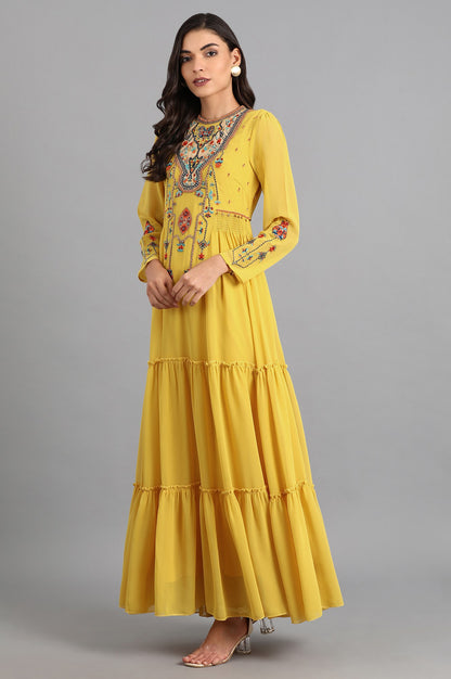 Yellow Round Neck Embroidered Dress