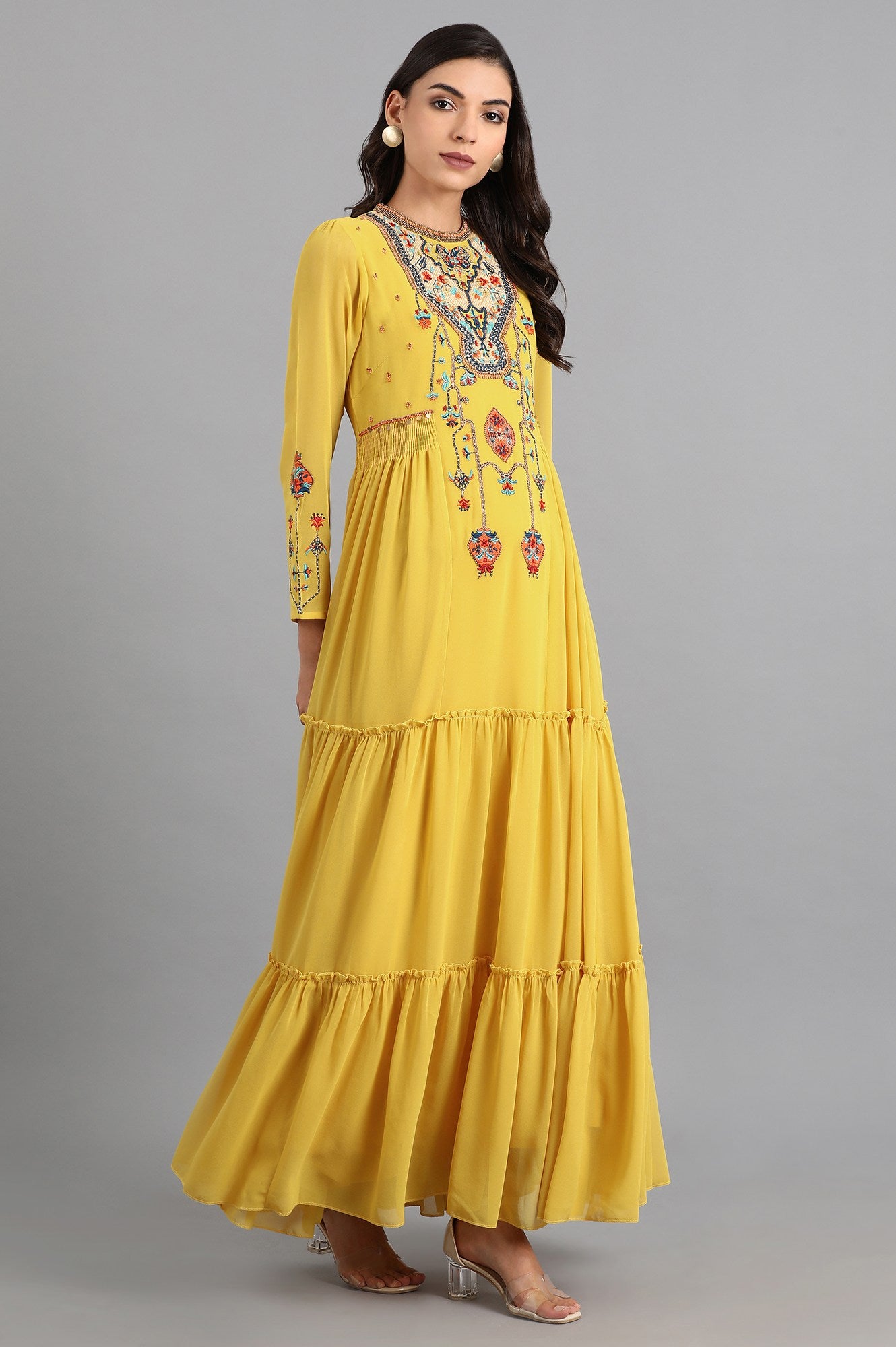 Yellow Round Neck Embroidered Dress