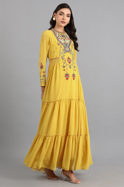 Yellow Round Neck Embroidered Dress