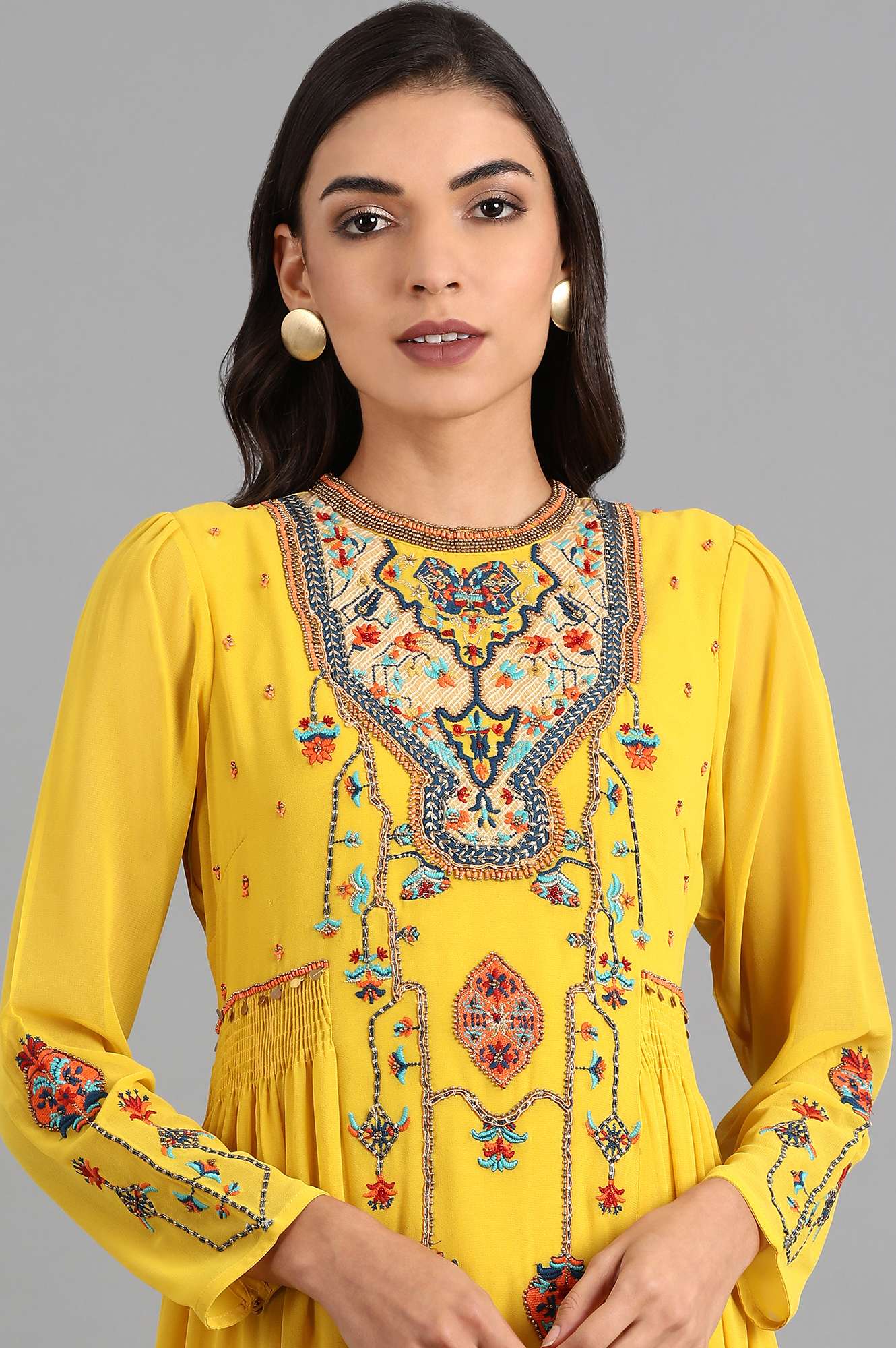 Yellow Round Neck Embroidered Dress