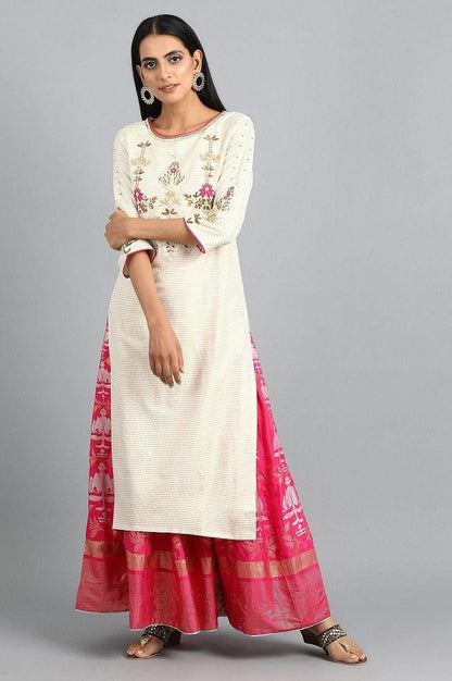 Ecru Round Neck Embroidered kurta - wforwoman