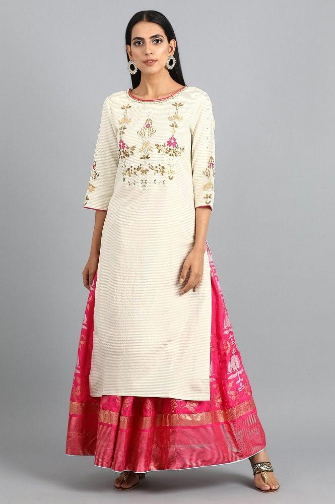 Ecru Round Neck Embroidered kurta - wforwoman