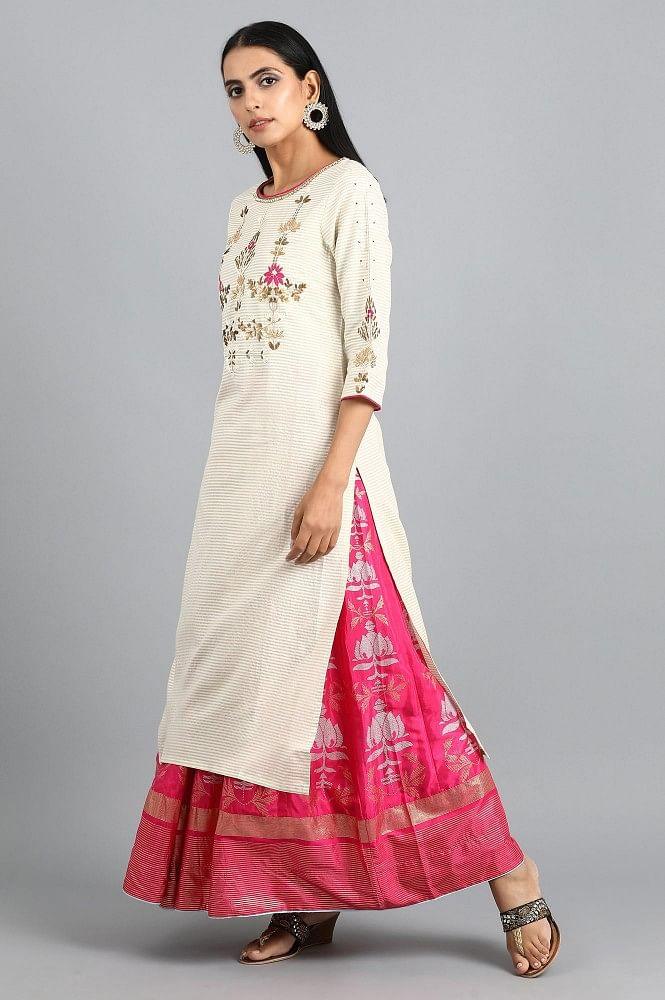 Ecru Round Neck Embroidered kurta - wforwoman