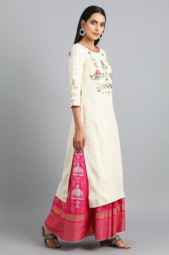 Ecru Round Neck Embroidered kurta - wforwoman