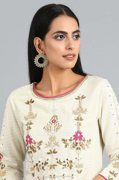 Ecru Round Neck Embroidered kurta - wforwoman