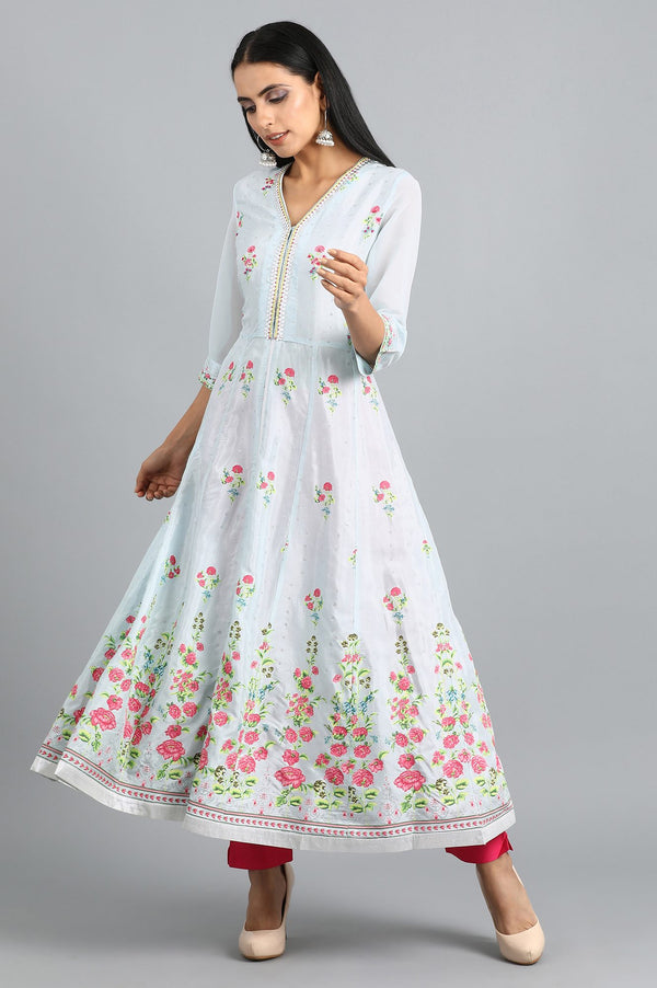 Blue V-Neck Printed kurta