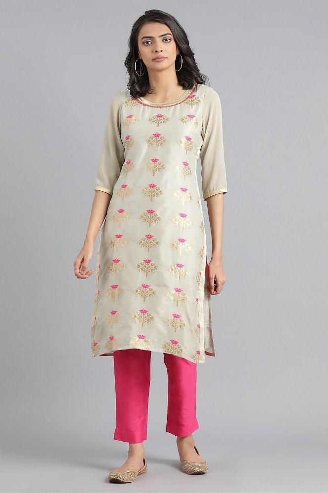 Grey Round Neck Jacquard kurta - wforwoman