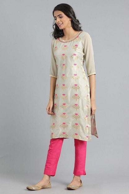 Grey Round Neck Jacquard kurta - wforwoman