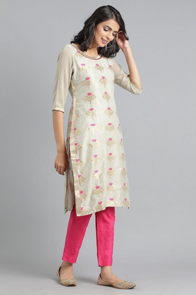 Grey Round Neck Jacquard kurta - wforwoman