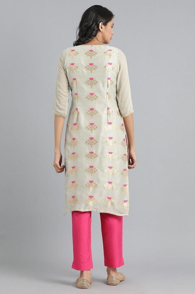 Grey Round Neck Jacquard kurta - wforwoman