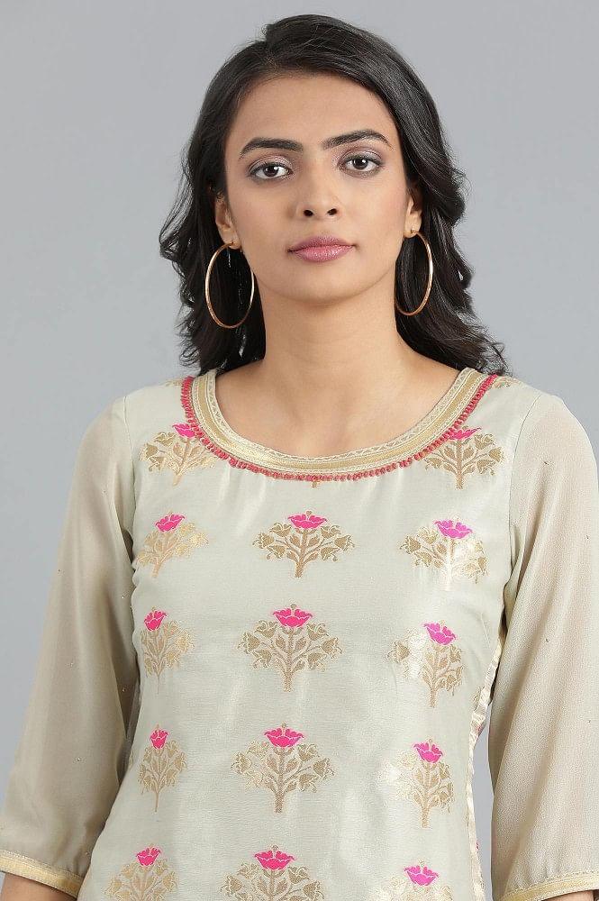 Grey Round Neck Jacquard kurta - wforwoman