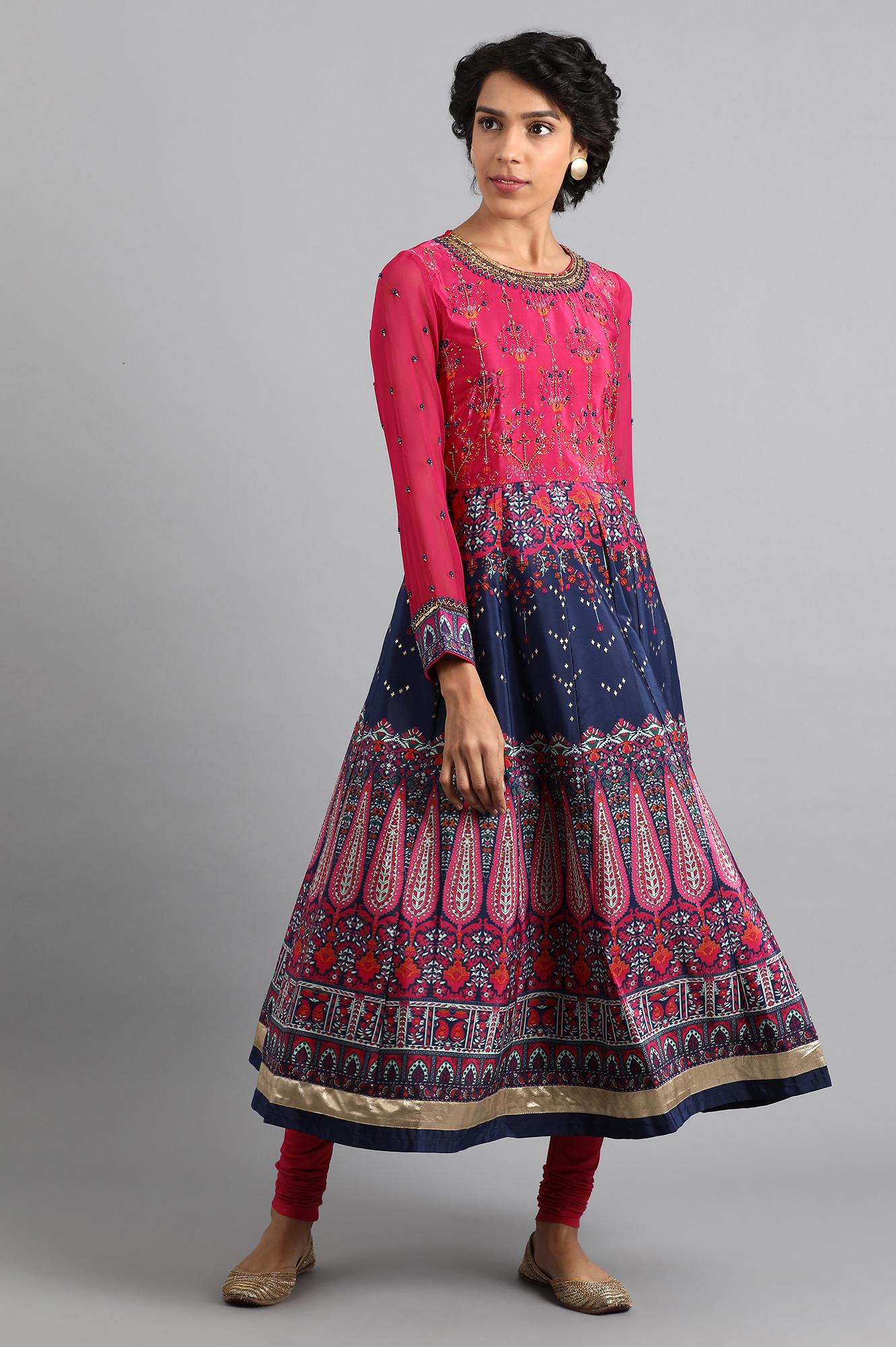 Pink &amp; Blue Round Neck Flared kurta