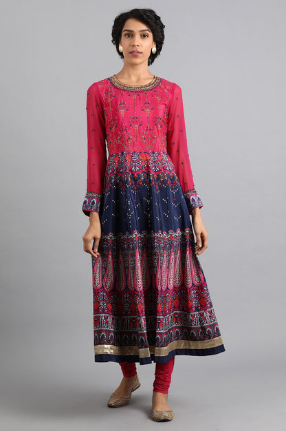 Pink &amp; Blue Round Neck Flared kurta