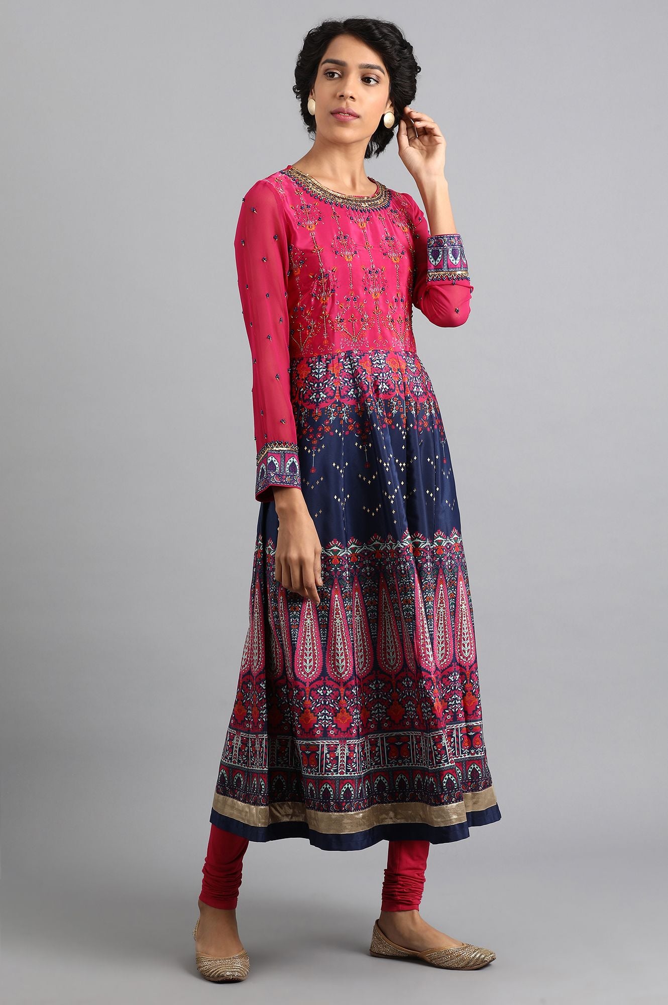 Pink &amp; Blue Round Neck Flared kurta