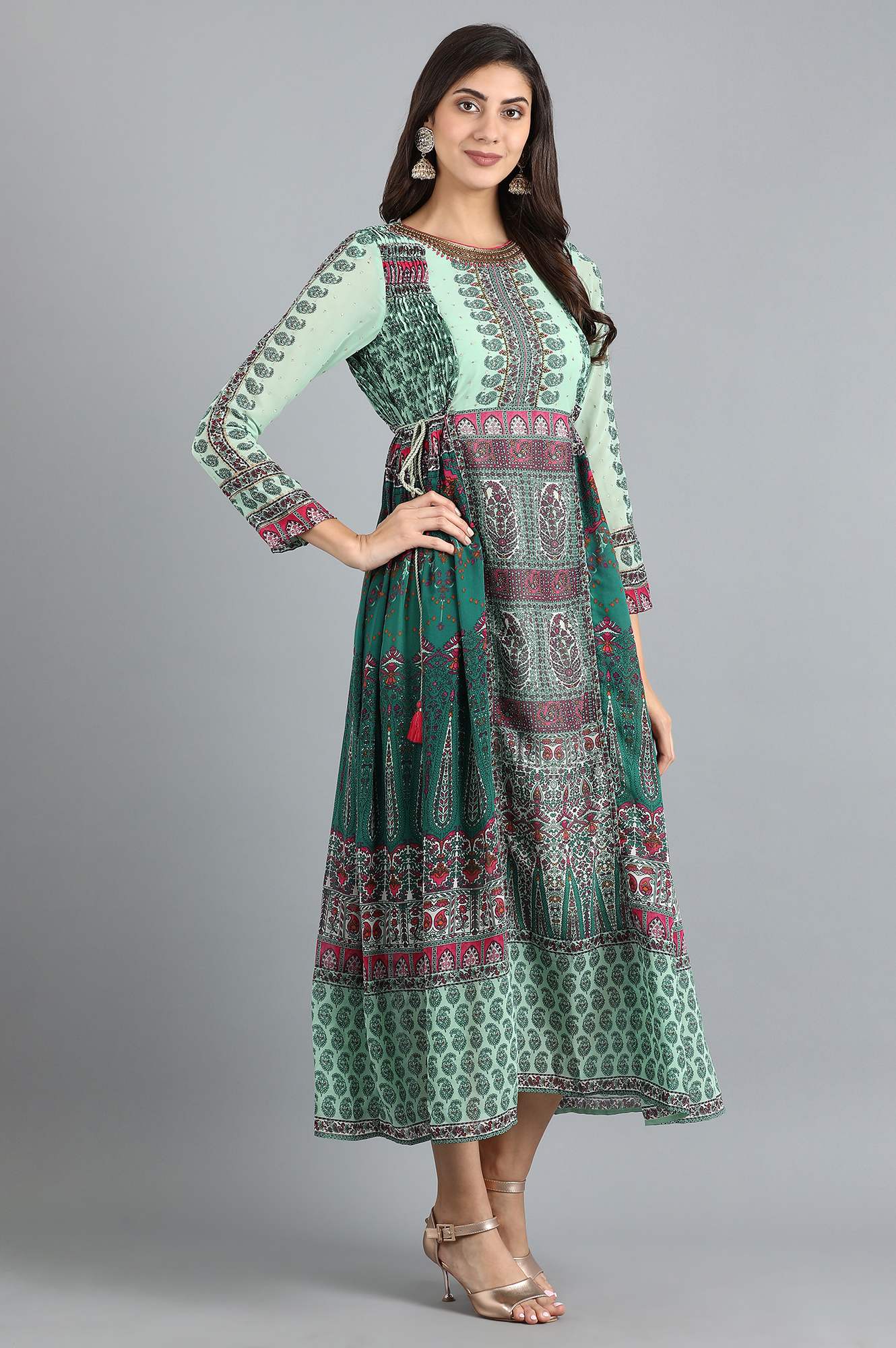 Green Round Neck Printed Flared Dress