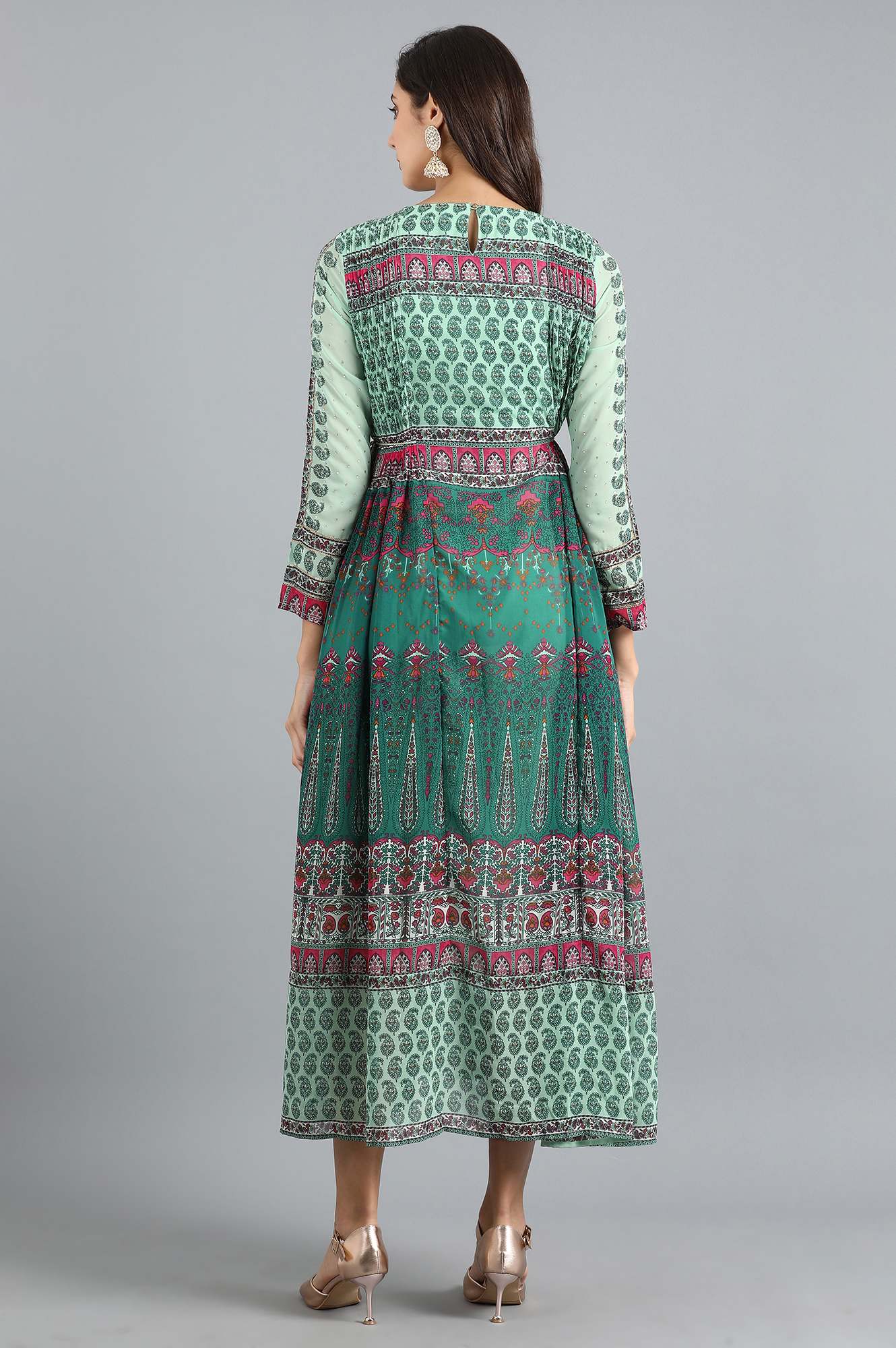 Green Round Neck Printed Flared Dress