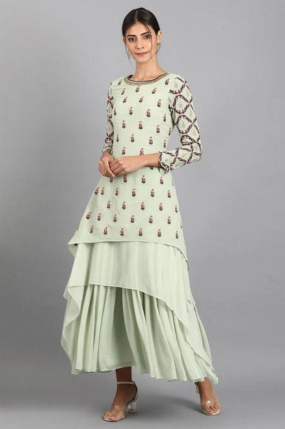 Green Round Neck Asymmetric kurta - wforwoman