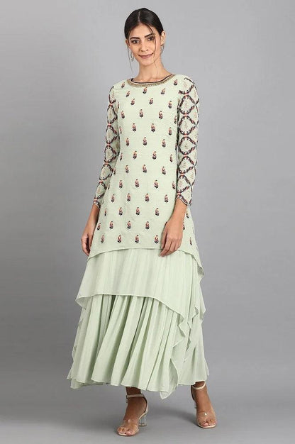 Green Round Neck Asymmetric kurta - wforwoman