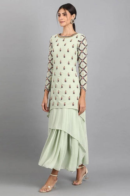 Green Round Neck Asymmetric kurta - wforwoman