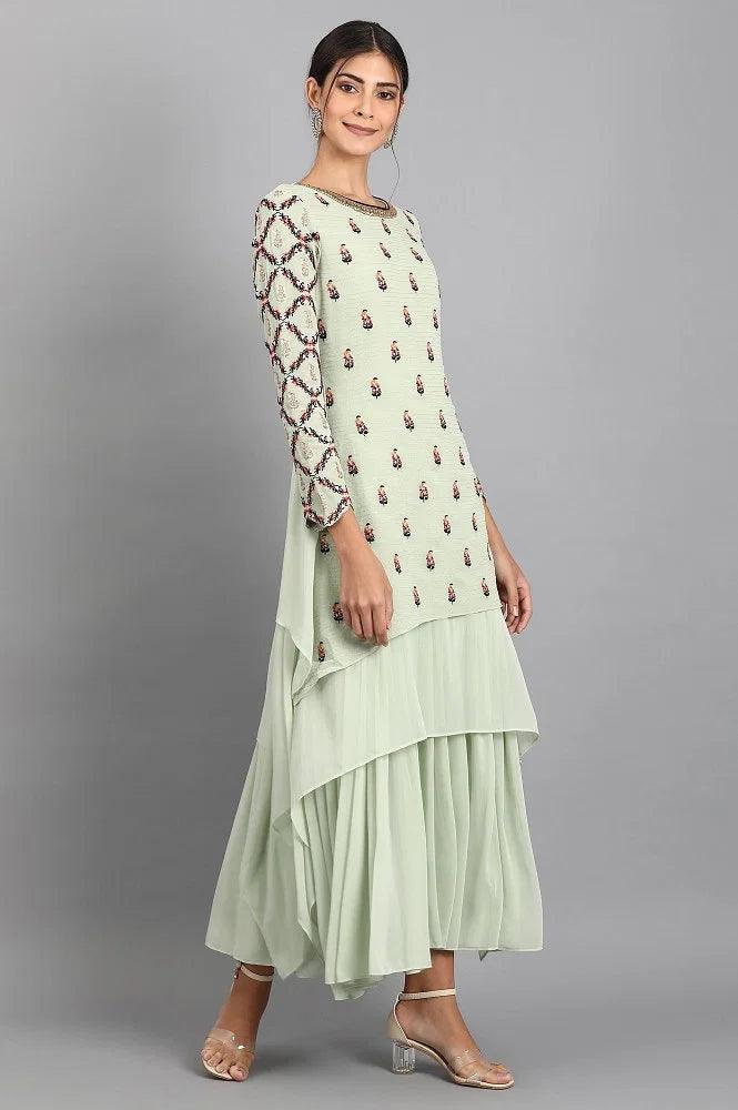 Green Round Neck Asymmetric kurta - wforwoman