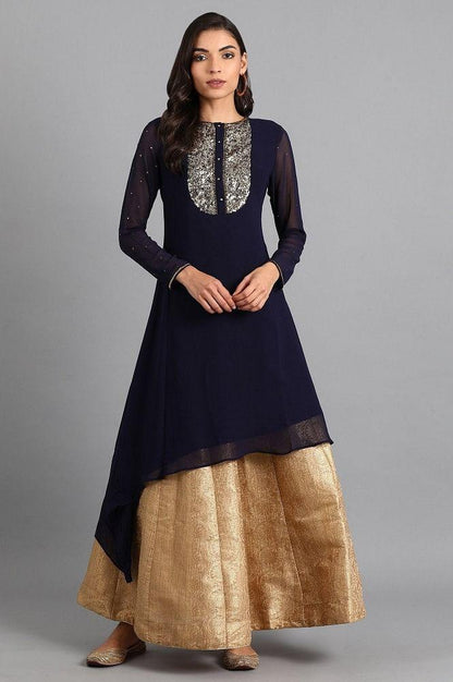 Navy Blue Round Neck Embroidered kurta - wforwoman