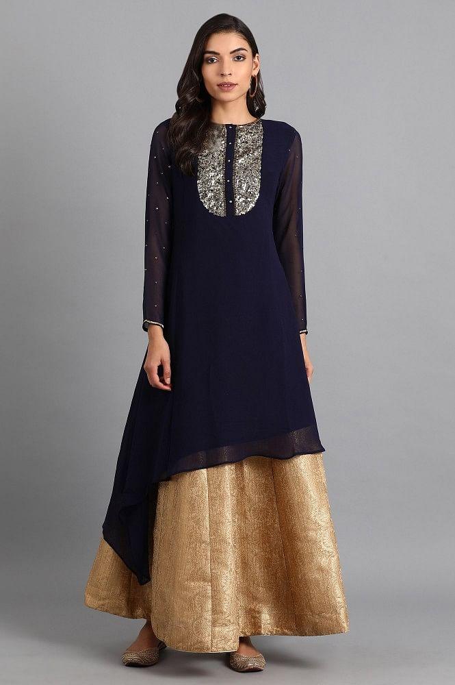 Navy Blue Round Neck Embroidered kurta - wforwoman