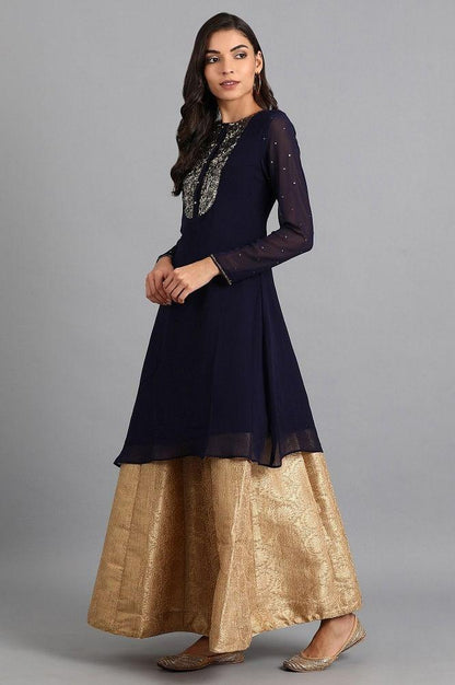 Navy Blue Round Neck Embroidered kurta - wforwoman