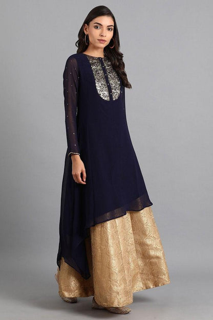 Navy Blue Round Neck Embroidered kurta - wforwoman