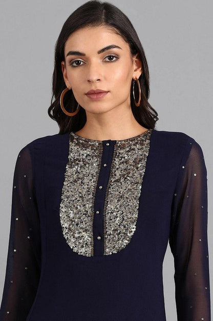 Navy Blue Round Neck Embroidered kurta - wforwoman