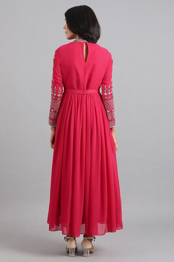 Red Mandarin Neck Gathered Dress