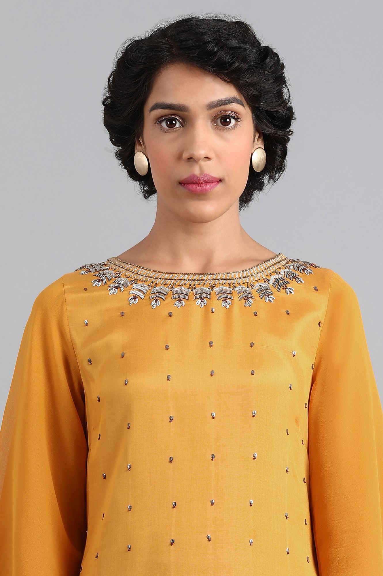 Yellow Round Neck Embroidered kurta