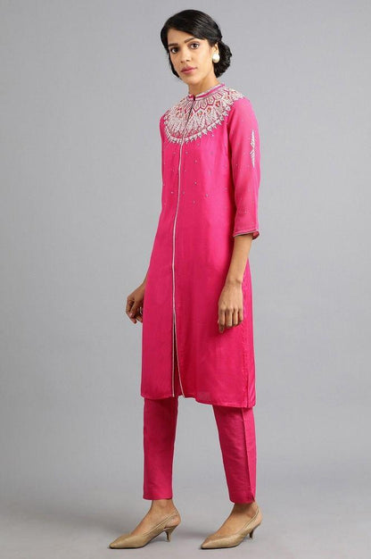 Pink Mandarin Neck Embellished kurta - wforwoman