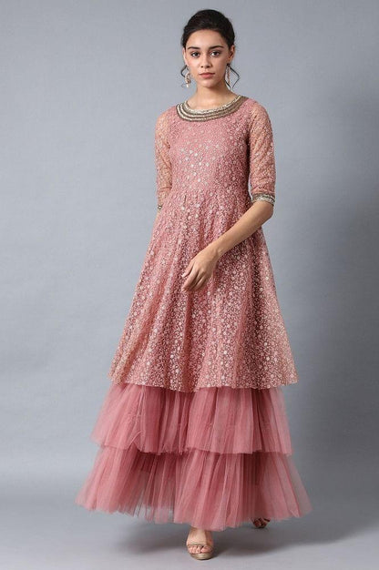 Pink Round Neck Embroidered Gown - wforwoman