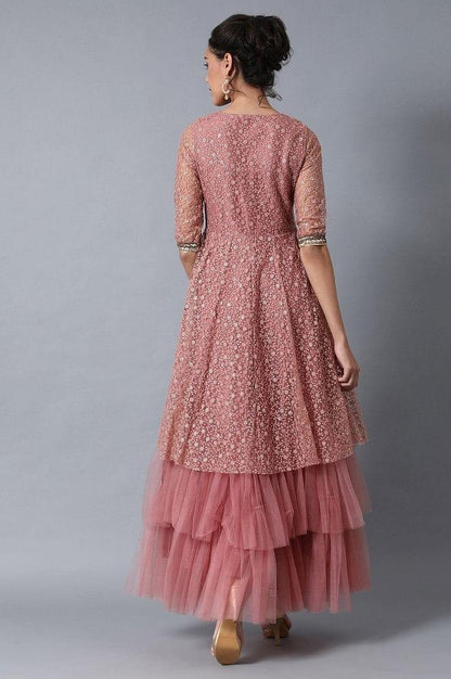 Pink Round Neck Embroidered Gown - wforwoman