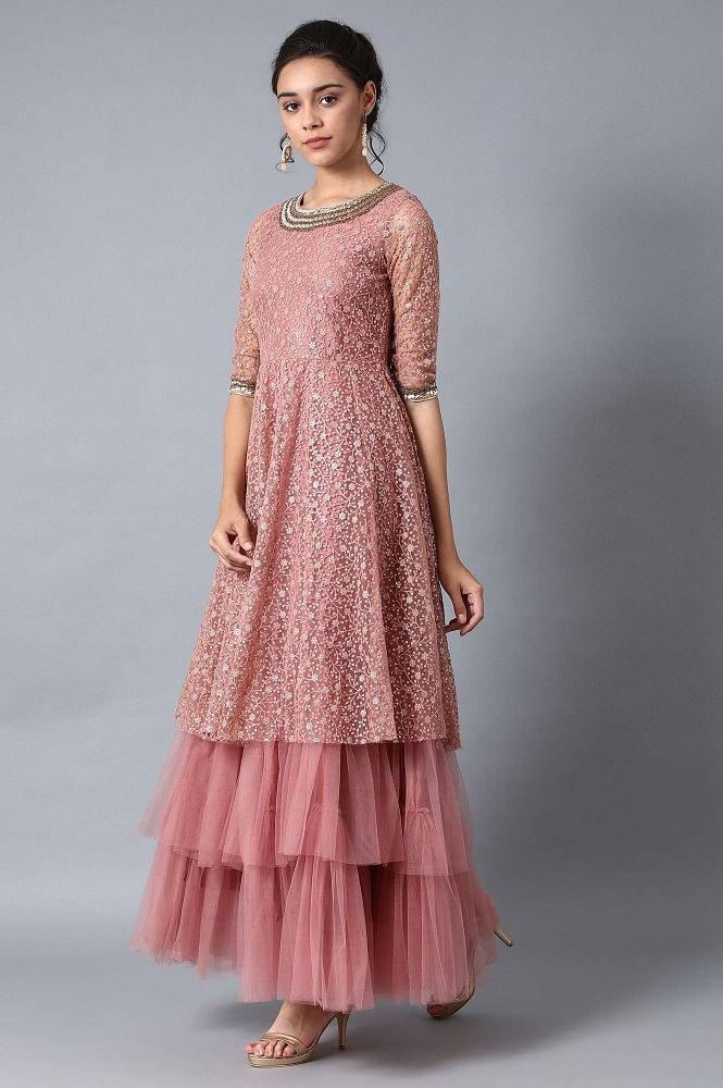 Pink Round Neck Embroidered Gown - wforwoman