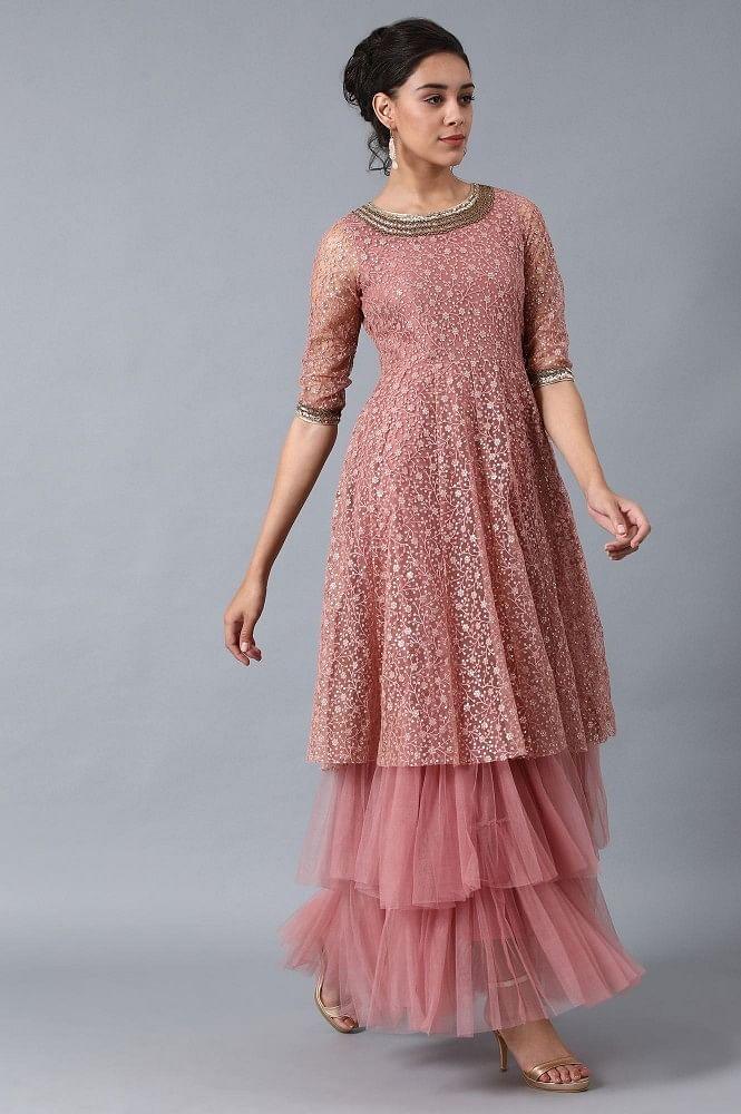 Pink Round Neck Embroidered Gown - wforwoman