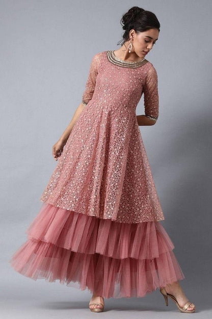 Pink Round Neck Embroidered Gown - wforwoman