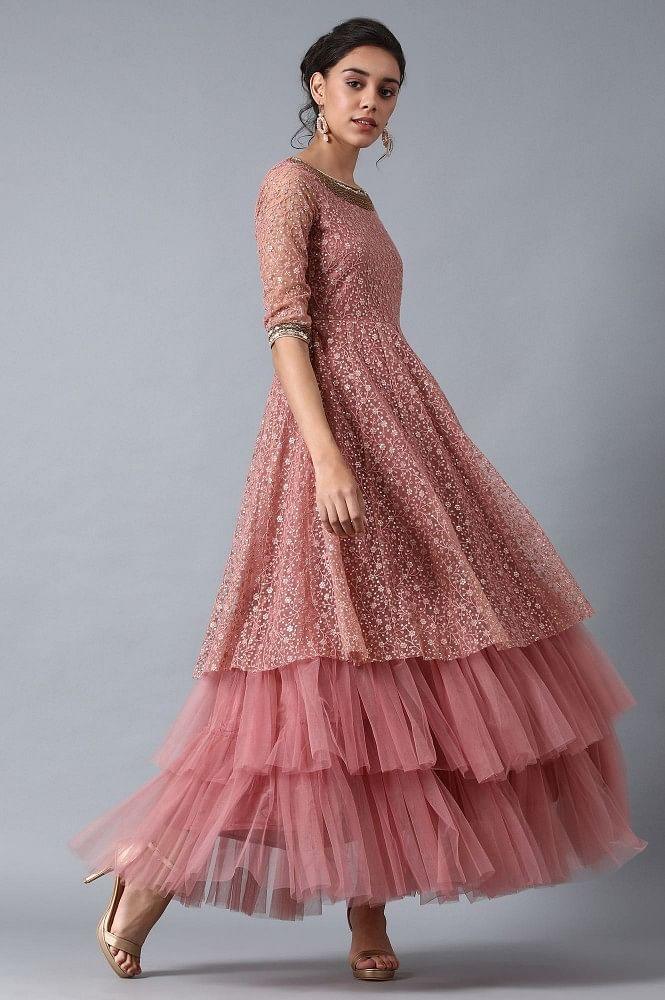 Pink Round Neck Embroidered Gown - wforwoman