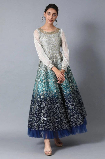 Blue Round Neck Embroidered Gown - wforwoman