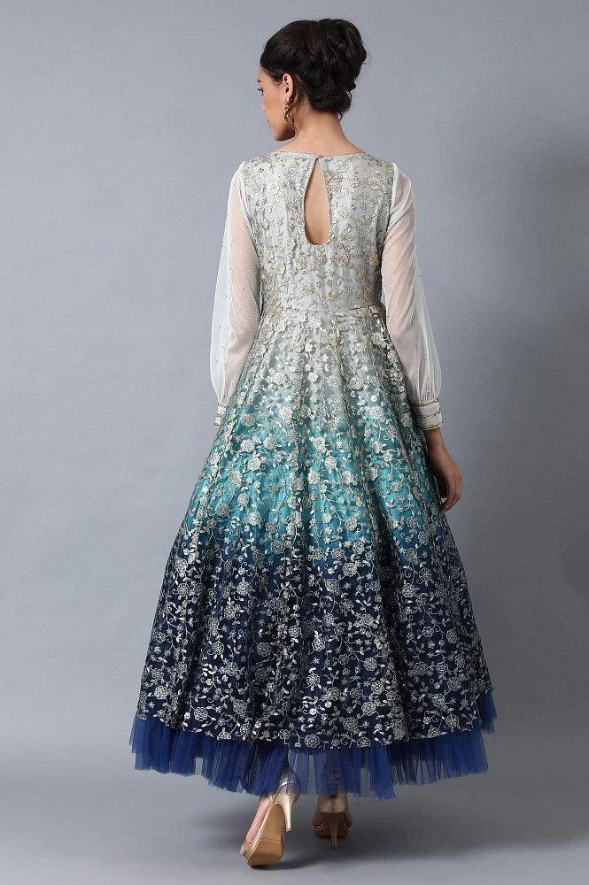 Blue Round Neck Embroidered Gown - wforwoman