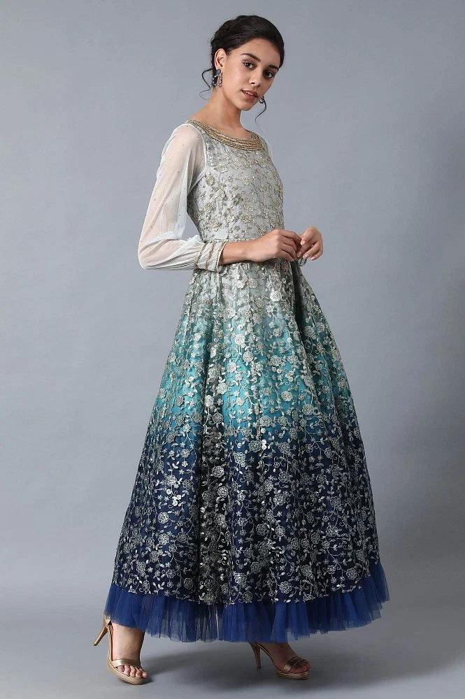 Blue Round Neck Embroidered Gown - wforwoman