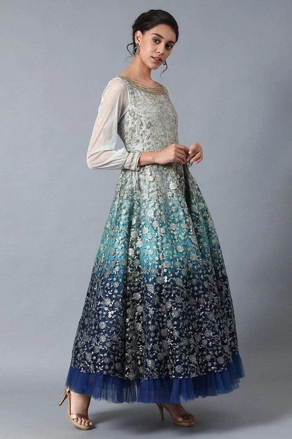 Blue Round Neck Embroidered Gown - wforwoman