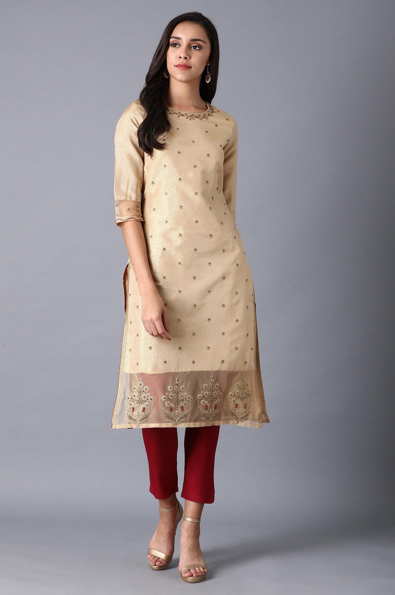 Gold Round Neck Embroidered kurta - wforwoman