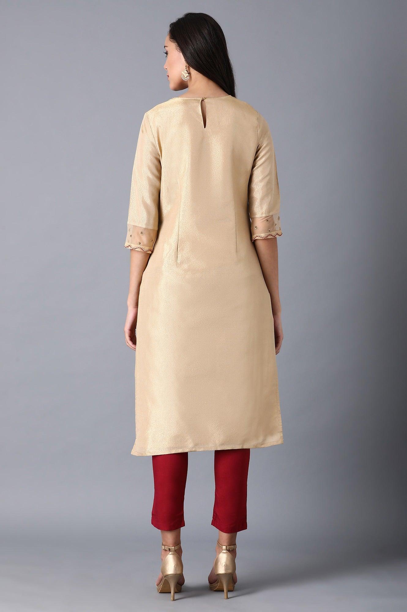 Gold Round Neck Embroidered kurta - wforwoman