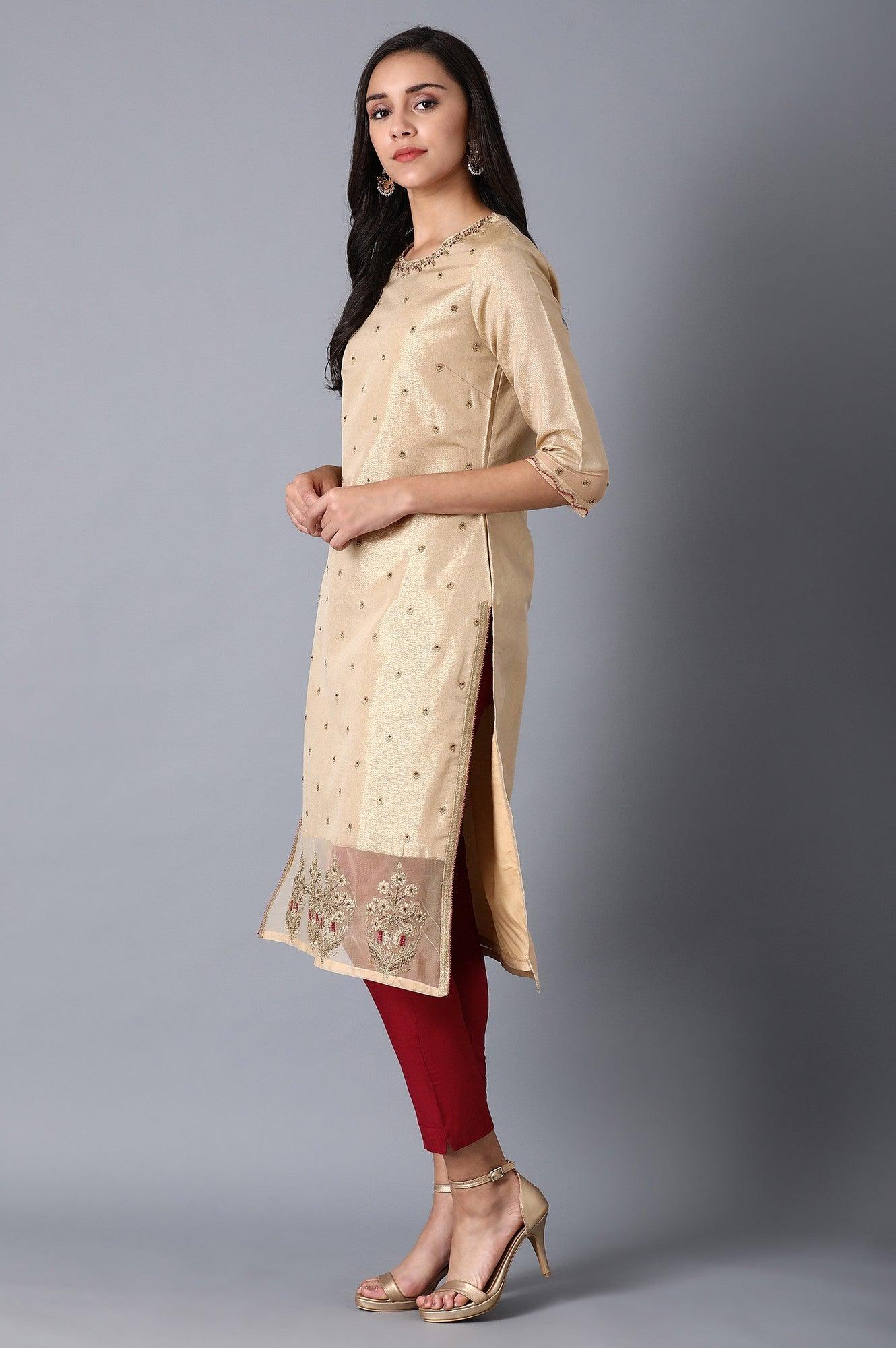 Gold Round Neck Embroidered kurta - wforwoman