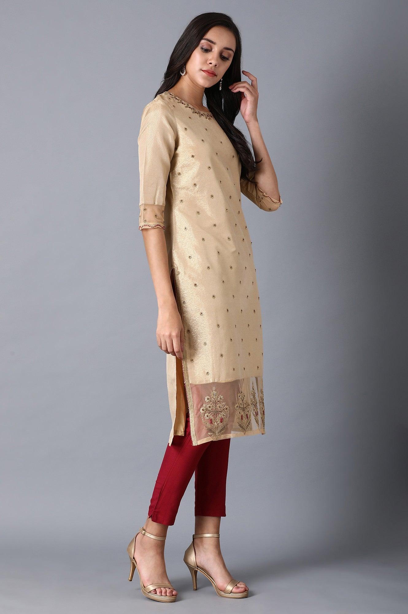 Gold Round Neck Embroidered kurta - wforwoman