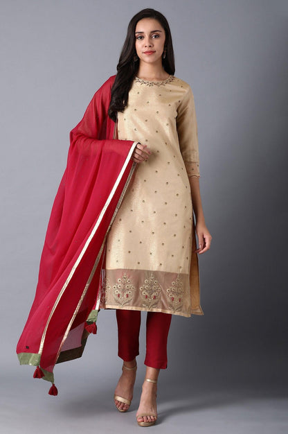 Gold Round Neck Embroidered kurta - wforwoman